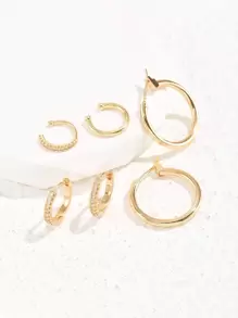 2pairs Rhinestone Decor Hoop Earrings & 2pcs Ear Cuff Copper Jewelry - Yellow Gold - View 2