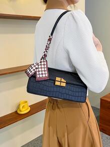 Crocodile Embossed Metal Lock Skinny Scarf Decor Flap Bag - Black - View 2