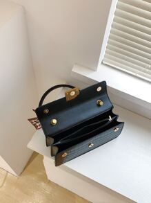 Crocodile Embossed Metal Lock Skinny Scarf Decor Flap Bag - Black - View 5