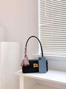 Crocodile Embossed Metal Lock Skinny Scarf Decor Flap Bag - Black - View 4