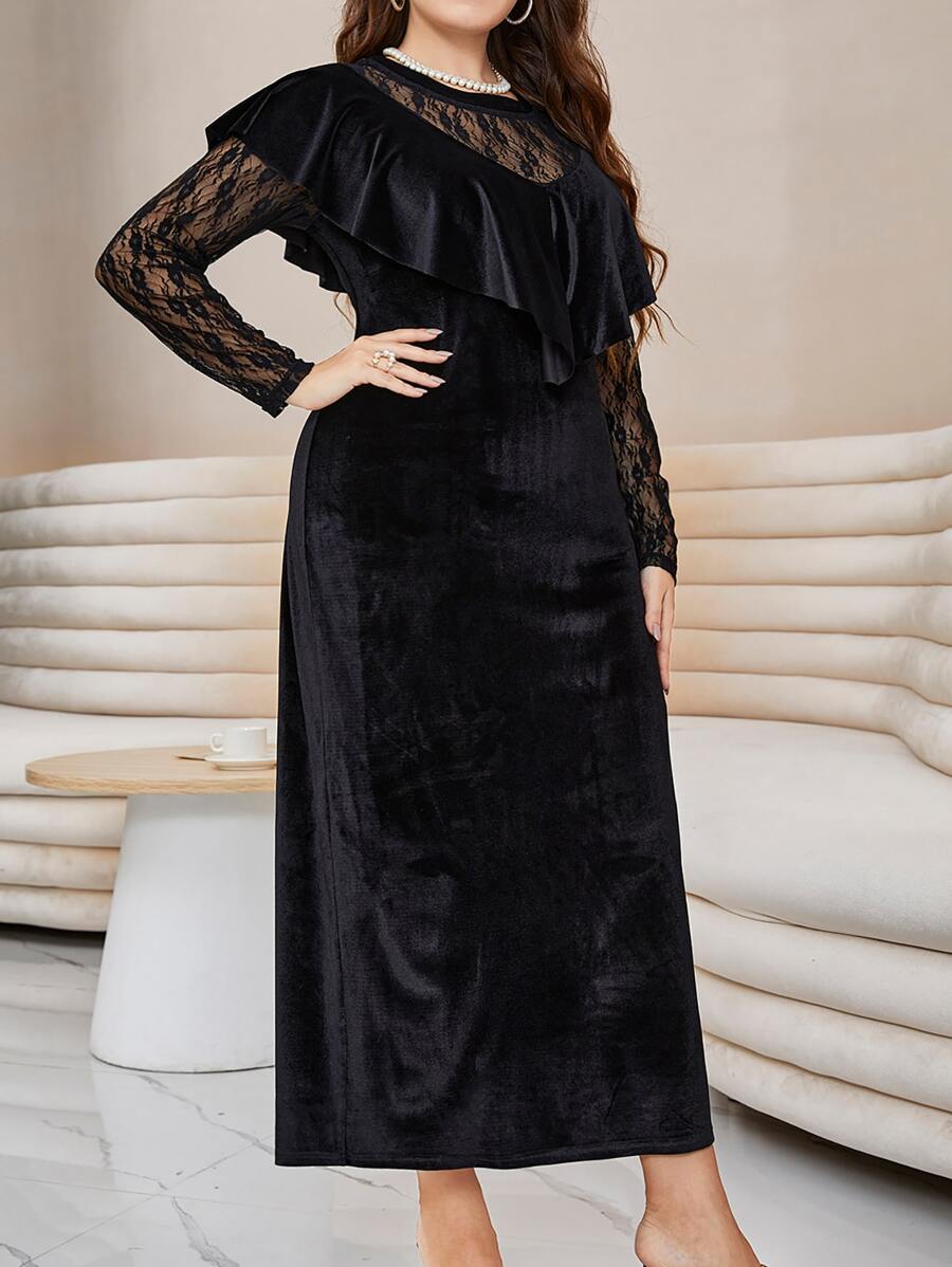 Modelyn Vestido largo de mujer con diseño de encaje a contraste, volantes y terciopelo