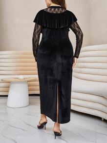 Modelyn Vestido largo de mujer con diseño de encaje a contraste, volantes y terciopelo