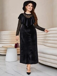 Modelyn Vestido largo de mujer con diseño de encaje a contraste, volantes y terciopelo