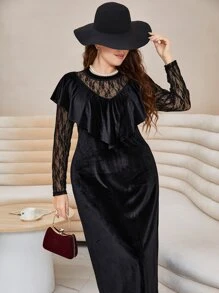 Modelyn Vestido largo de mujer con diseño de encaje a contraste, volantes y terciopelo