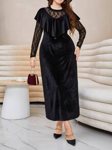 Modelyn Vestido largo de mujer con diseño de encaje a contraste, volantes y terciopelo