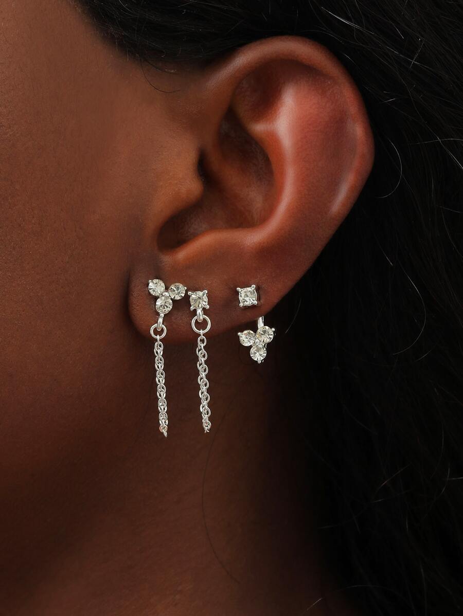 6pcs Rhinestone Cross Decor Earrings - Silver - View 1