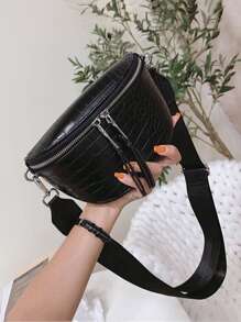 Crocodile Embossed Saddle Bag - Black - View 3
