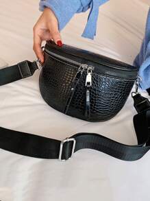 Crocodile Embossed Saddle Bag - Black - View 1