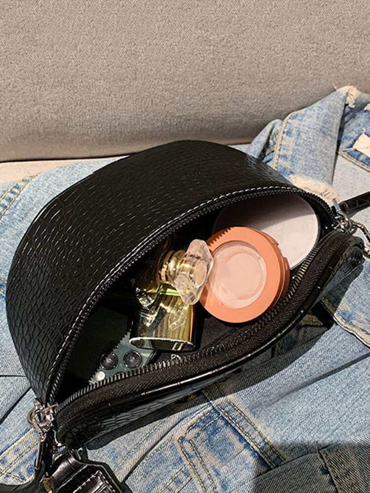 Crocodile Embossed Saddle Bag - Black - View 7