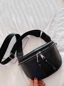 Crocodile Embossed Saddle Bag - Black - View 2