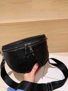 Crocodile Embossed Saddle Bag - Black - View 4