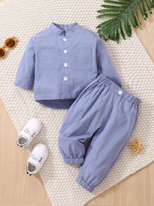 Baby Patched Pocket Button Up Shirt & Pants - Dusty Blue - View 1