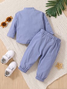 Baby Patched Pocket Button Up Shirt & Pants - Dusty Blue - View 2