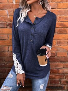 SHEIN LUNE Contrast Guipure Lace Button Half Placket Tee