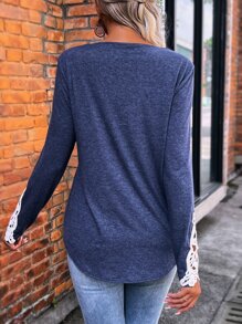 SHEIN LUNE Contrast Guipure Lace Button Half Placket Tee