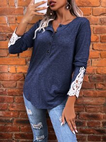 SHEIN LUNE Contrast Guipure Lace Button Half Placket Tee