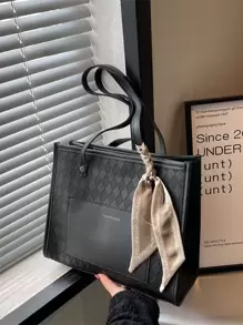 蝴蝶结装饰细围巾装饰单肩托特包，母亲节礼物，适合妈妈、少女、女大学生、新人、白领，非常适合办公室、工作、商务、通勤，女士最佳工作包 - 黑色 - 查看 1