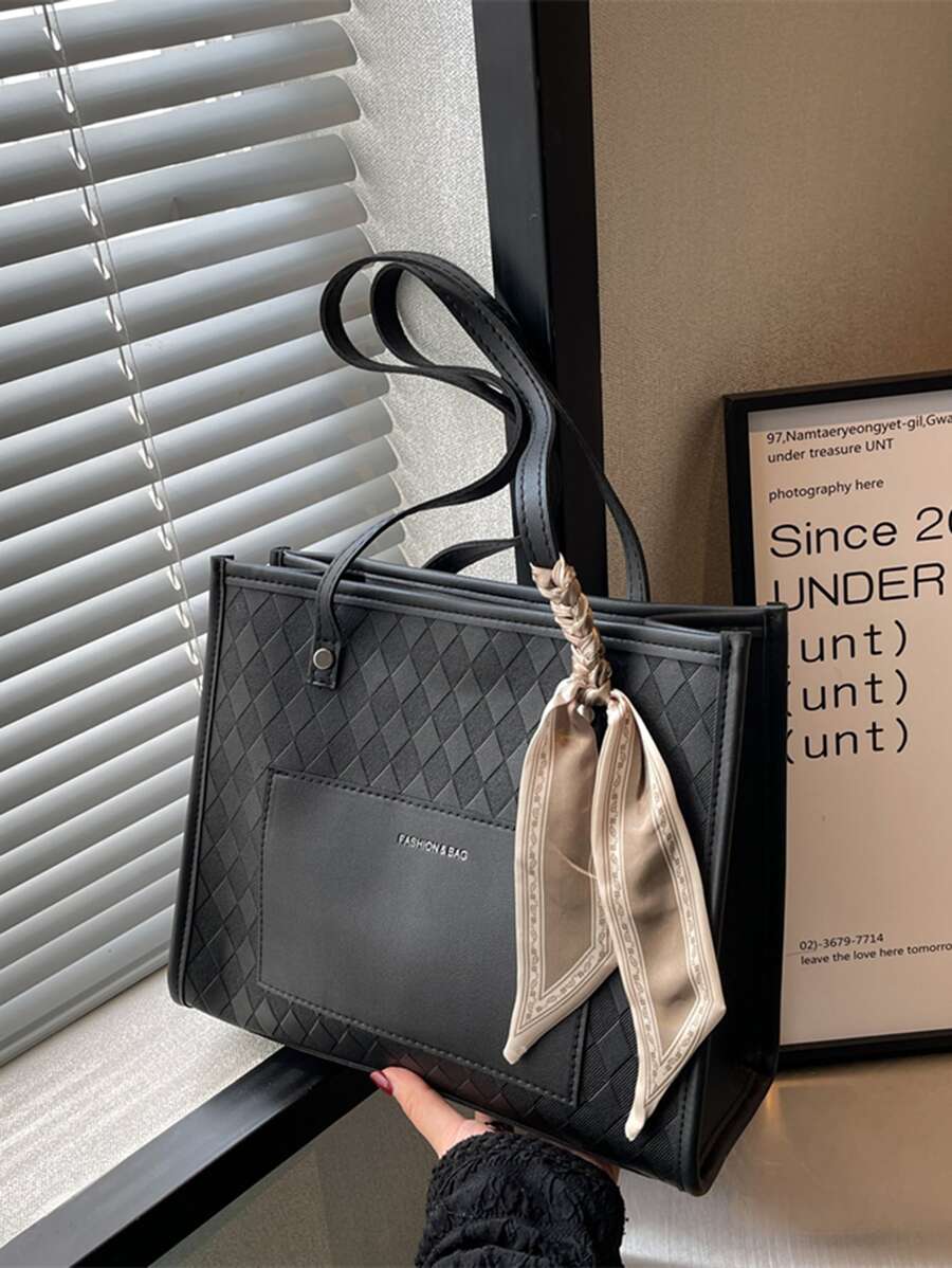 蝴蝶结装饰细围巾装饰单肩托特包，母亲节礼物，适合妈妈、少女、女大学生、新人、白领，非常适合办公室、工作、商务、通勤，女士最佳工作包 - 黑色 - 查看 1