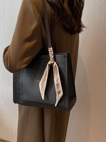 蝴蝶结装饰细围巾装饰单肩托特包，母亲节礼物，适合妈妈、少女、女大学生、新人、白领，非常适合办公室、工作、商务、通勤，女士最佳工作包 - 黑色 - 查看 7