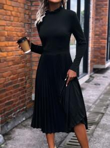 SHEIN Clasi Solid Mock Neck Pleated Hem Dress - Black - View 3