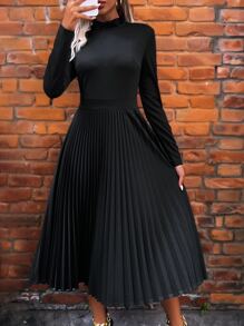 SHEIN Clasi Solid Mock Neck Pleated Hem Dress - Black - View 5