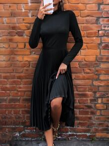 SHEIN Clasi Solid Mock Neck Pleated Hem Dress - Black - View 6