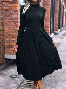 SHEIN Clasi Solid Mock Neck Pleated Hem Dress - Black - View 7