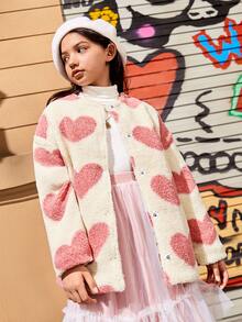 SHEIN Girls Heart Pattern Drop Shoulder Teddy Coat - Multicolor - View 2