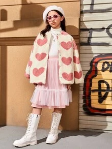 SHEIN Girls Heart Pattern Drop Shoulder Teddy Coat - Multicolor - View 4