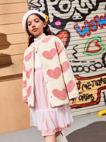 SHEIN Girls Heart Pattern Drop Shoulder Teddy Coat - Multicolor - View 5
