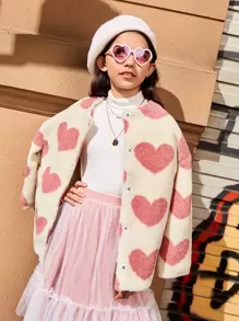 SHEIN Girls Heart Pattern Drop Shoulder Teddy Coat - Multicolor - View 1