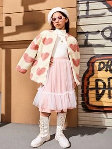 SHEIN Girls Heart Pattern Drop Shoulder Teddy Coat - Multicolor - View 8