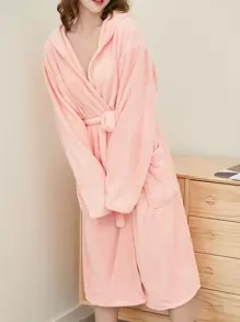 1pc Women's Solid Color Hooded Bathrobe, Long Robe, Sleepwear, Soft & Absorbent, Suitable For Bathroom, Pool, Shower, All Seasons, Premium Gift - Dusty Pink - View 2