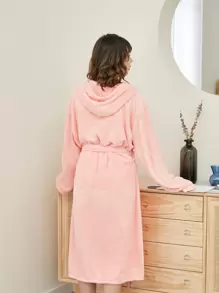 1pc Women's Solid Color Hooded Bathrobe, Long Robe, Sleepwear, Soft & Absorbent, Suitable For Bathroom, Pool, Shower, All Seasons, Premium Gift - Dusty Pink - View 6