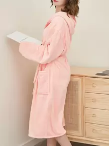 1pc Women's Solid Color Hooded Bathrobe, Long Robe, Sleepwear, Soft & Absorbent, Suitable For Bathroom, Pool, Shower, All Seasons, Premium Gift - Dusty Pink - View 8