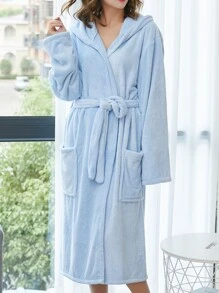 1 Áo choàng tắm trùm đầu màu trơn, Áo choàng dài cho nữ, Đồ mặc nhà mềm mại, thấm hút dùng cho phòng tắm, hồ bơi, vòi hoa sen, mọi mùa, Quà tặng cao cấp - Màu xanh nhạt - Xem 2