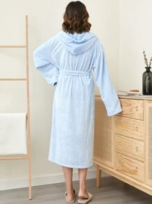 1 Áo choàng tắm trùm đầu màu trơn, Áo choàng dài cho nữ, Đồ mặc nhà mềm mại, thấm hút dùng cho phòng tắm, hồ bơi, vòi hoa sen, mọi mùa, Quà tặng cao cấp - Màu xanh nhạt - Xem 3