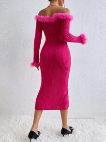 Allurite 一字肩毛茸邊緊身洋裝不附腰帶 - 玫紅色 - 查看 4