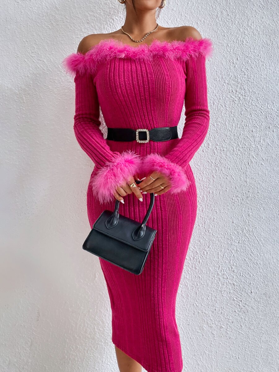 Allurite 一字肩毛茸邊緊身洋裝不附腰帶 - 玫紅色 - 查看 1