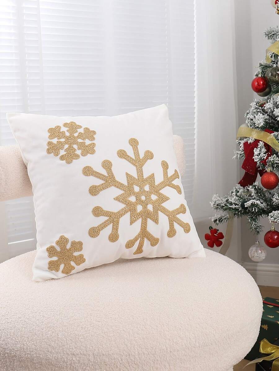 Christmas Snowflake Embroidered Cushion Cover Without Filler - White - View 1