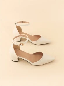 Point Toe Chunky Heeled Ankle Strap Pumps, Beige Elegant Solid Color Ankle Strap High Heels For Women