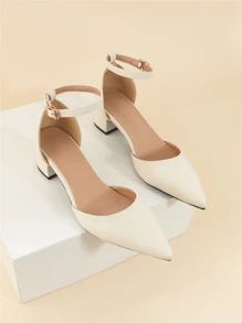 Point Toe Chunky Heeled Ankle Strap Pumps, Beige Elegant Solid Color Ankle Strap High Heels For Women