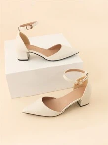 Point Toe Chunky Heeled Ankle Strap Pumps, Beige Elegant Solid Color Ankle Strap High Heels For Women