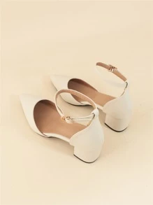 Point Toe Chunky Heeled Ankle Strap Pumps, Beige Elegant Solid Color Ankle Strap High Heels For Women