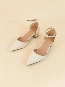 Point Toe Chunky Heeled Ankle Strap Pumps, Beige Elegant Solid Color Ankle Strap High Heels For Women