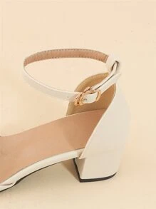 Point Toe Chunky Heeled Ankle Strap Pumps, Beige Elegant Solid Color Ankle Strap High Heels For Women