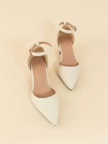 Point Toe Chunky Heeled Ankle Strap Pumps, Beige Elegant Solid Color Ankle Strap High Heels For Women