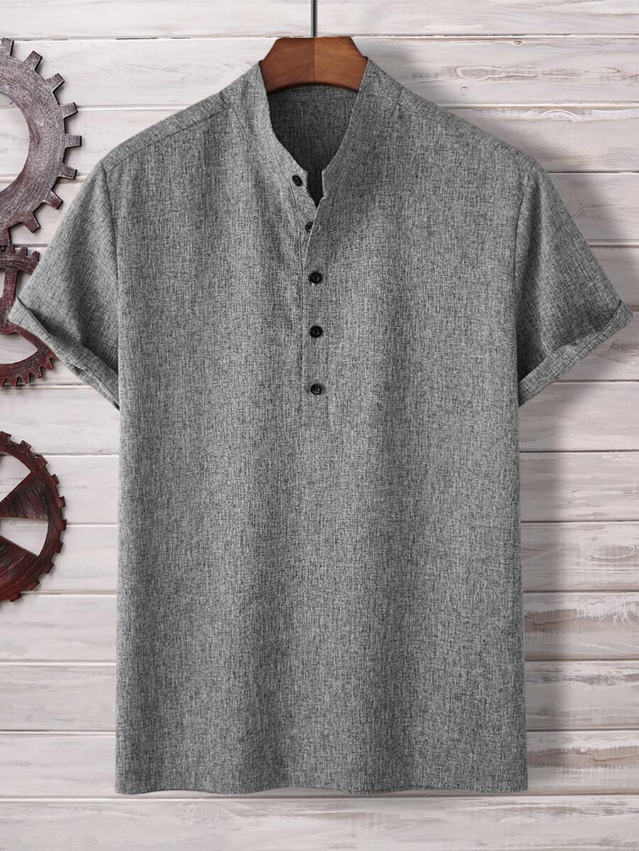 Manfinity Homme Men Solid Half Button Shirt - Grey - View 1