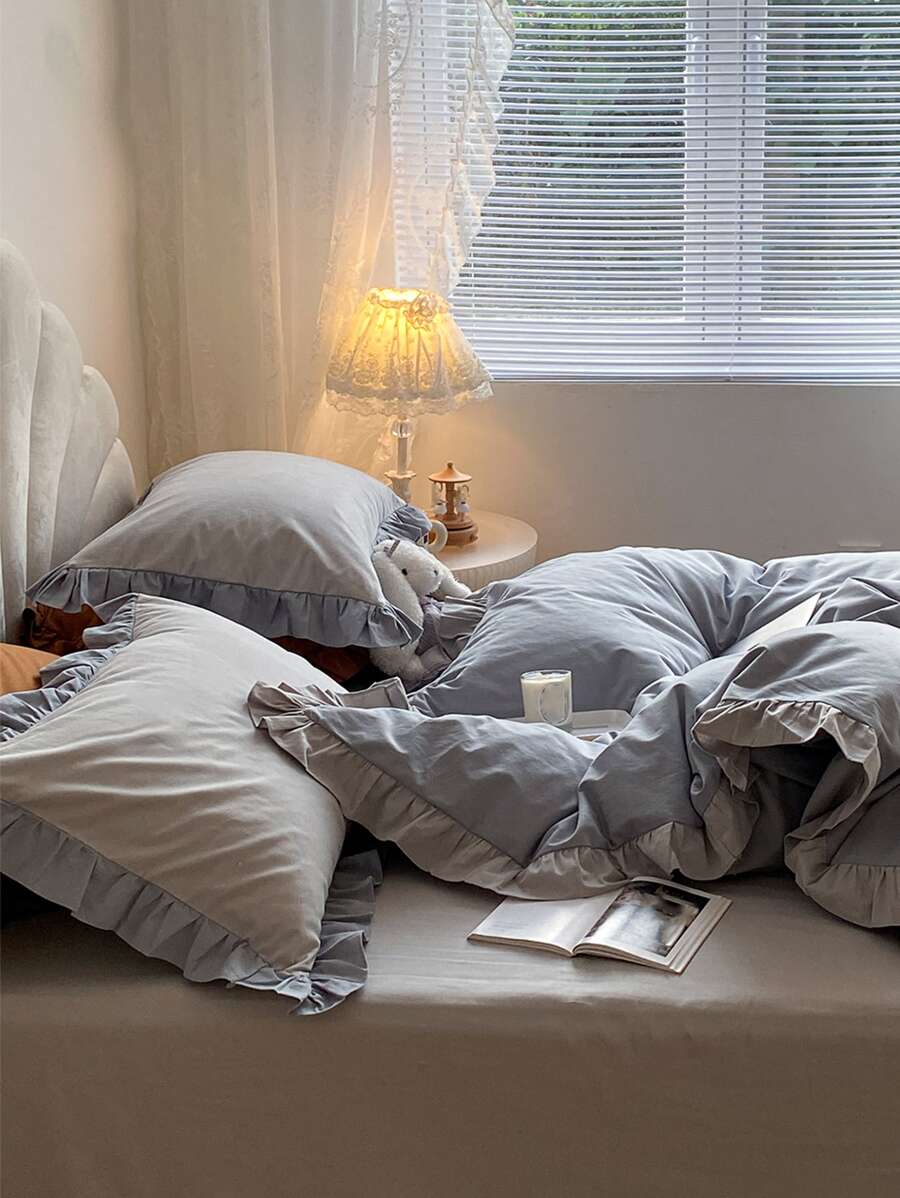 Plain Ruffle Decor Duvet Cover Set Without Filler - Blue - View 1