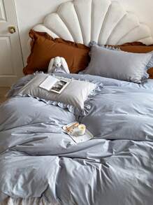 Plain Ruffle Decor Duvet Cover Set Without Filler - Blue - View 2